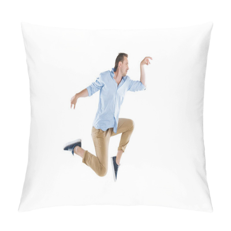 Personality  Young Man Jumping And Looking Away Pillow Covers