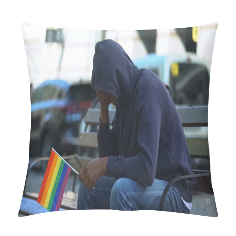 Personality  Black Man In Hood Sitting On Bench With Lgbt Minority Flag, Preconceptions Pillow Covers