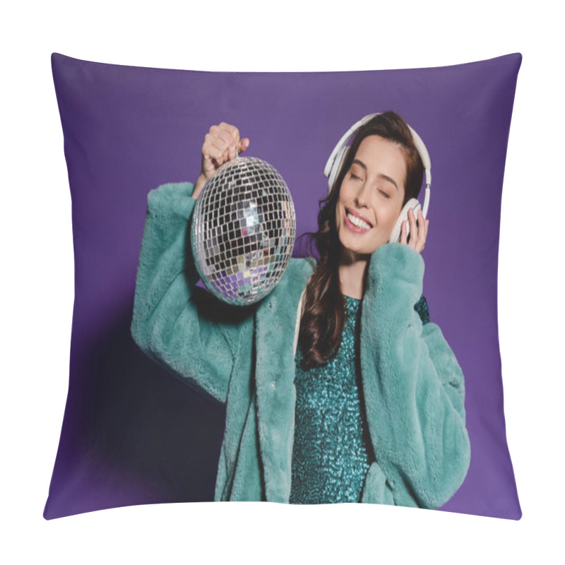 Personality  Cheerful Woman Touching Headphones And Holding Disco Ball On Purple  Pillow Covers