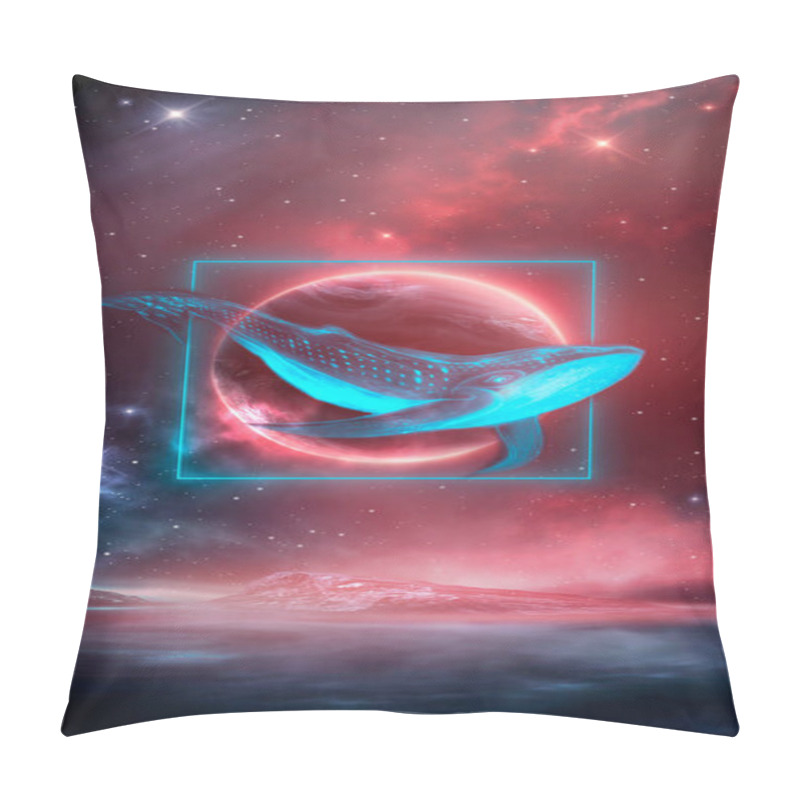 Personality  Abstract Night Fantasy Landscape With An Island, A Whale In The Sky, A Dark Fantasy Scene, An Unreal World, A Fish, A Whale, A Sperm Whale. Reflection Of Neon Light, Water, Depths Of The Sea. Night Fantasy Galaxy Space Landscape.  Pillow Covers