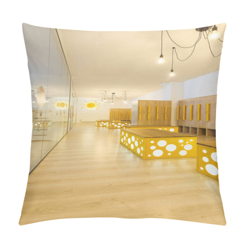 Personality  Wooden Lockers, Benches And Mirror In Modern Illuminated Kindergarten Cloakroom   Pillow Covers