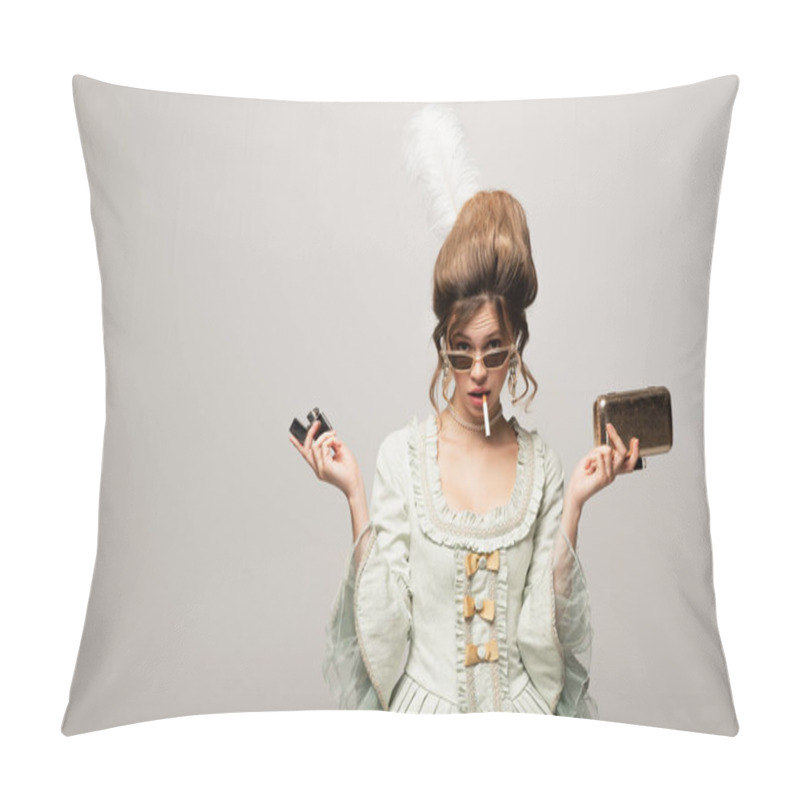 Personality  Young Woman In Retro Outfit Holding Lighter And Golden Purse Bag While Smoking Isolated On Black Pillow Covers