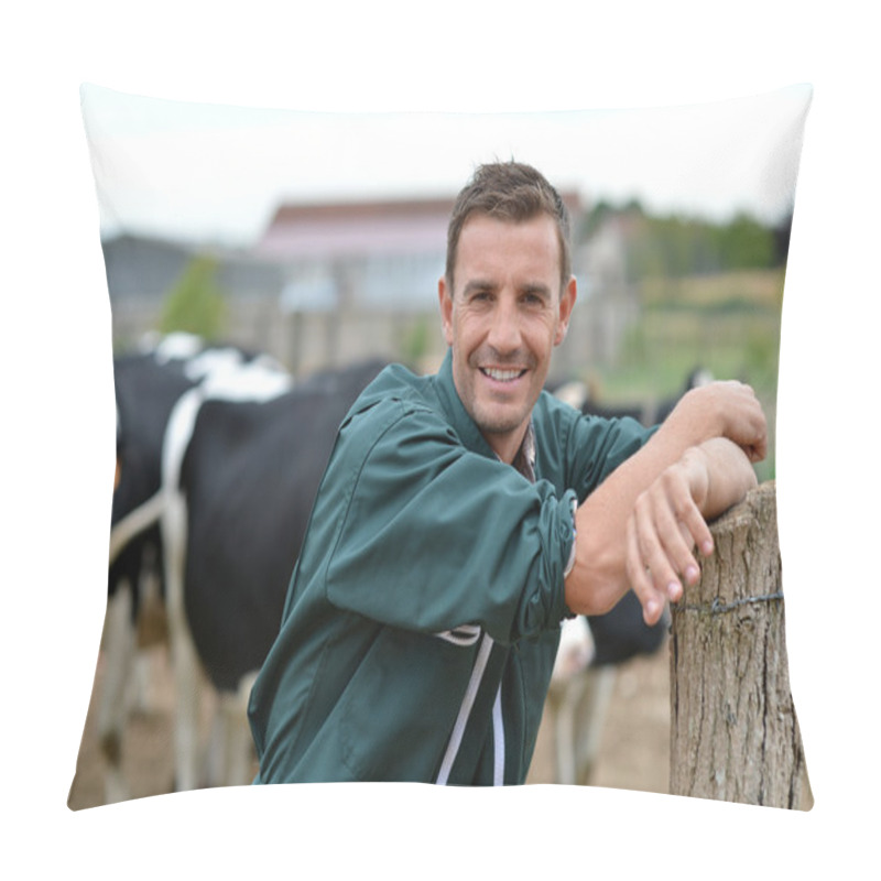 Personality  Herdsman Standing In Front Of Cattle In Farm Pillow Covers