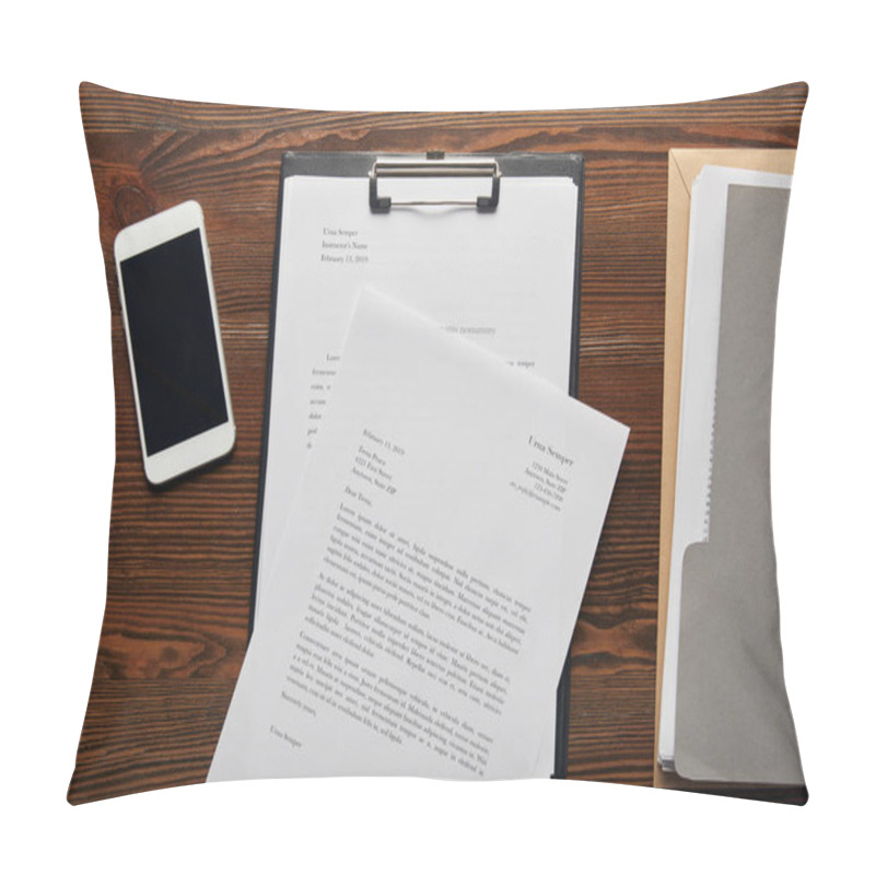 Personality  Top View Of Documets On Clipboard, Smartphone And Folder On Table  Pillow Covers