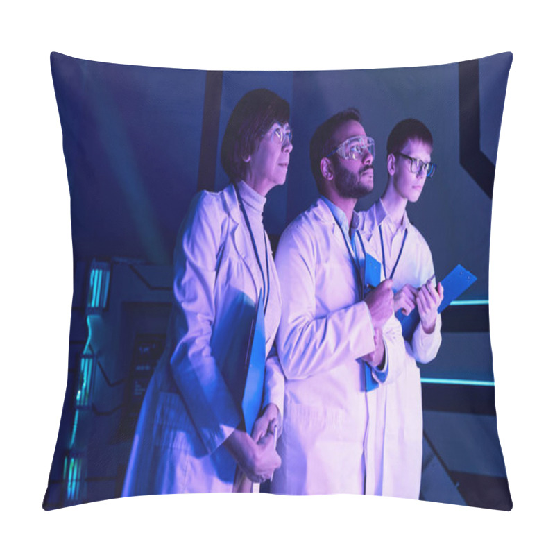 Personality  Futuristic Observation: Three Scientists Examine Newly Created Device In Neon-Lit Science Center Pillow Covers