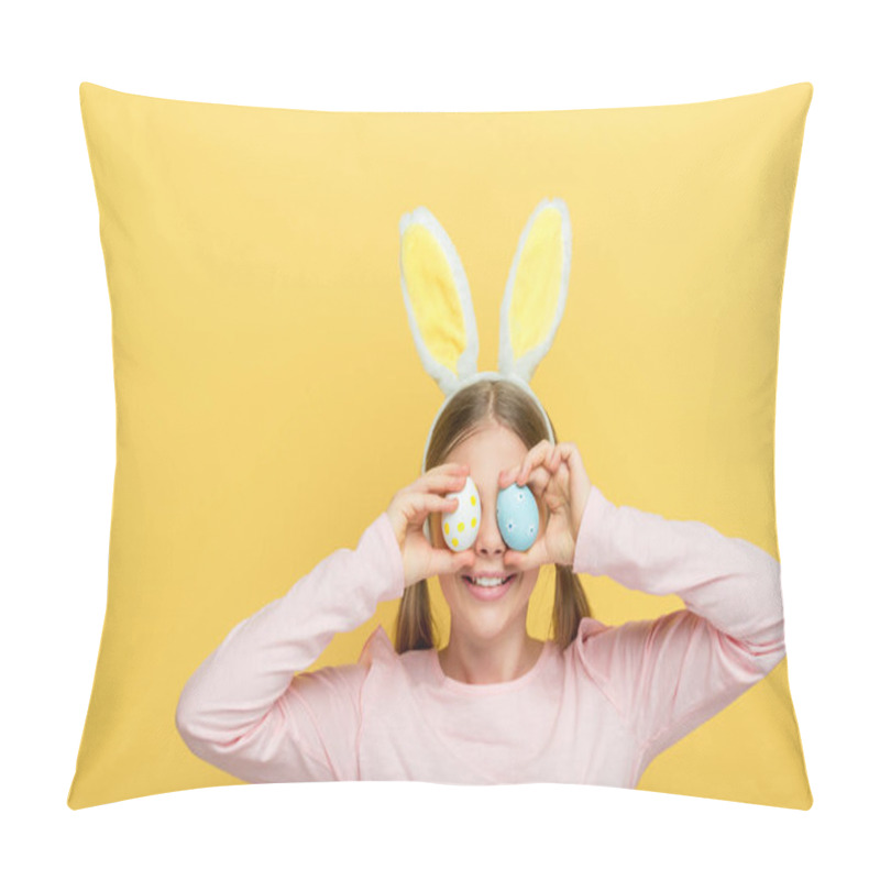 Personality  Happy Child With Bunny Ears Covering Eyes With Easter Eggs Isolated On Yellow  Pillow Covers