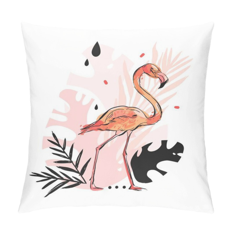 Personality  Hand Drawn Vector Abstract Graphic Freehand Textured Sketch Pink Flamingo And Tropical Palm Leaves Drawing Illustration Print With Modern Confetti Elements Isolated On White Background Pillow Covers