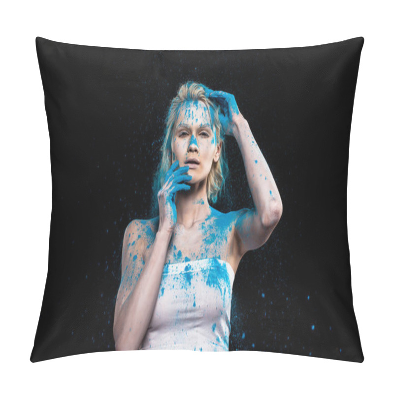 Personality  Young Sensual Woman Posing In Blue Powder Paint, Isolated On Black Pillow Covers