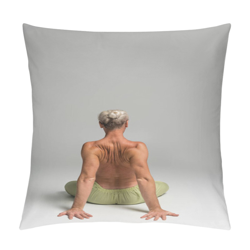 Personality  Back View Of Shirtless Man In Green Pants Sitting In Lotus Pose On Grey Background  Pillow Covers