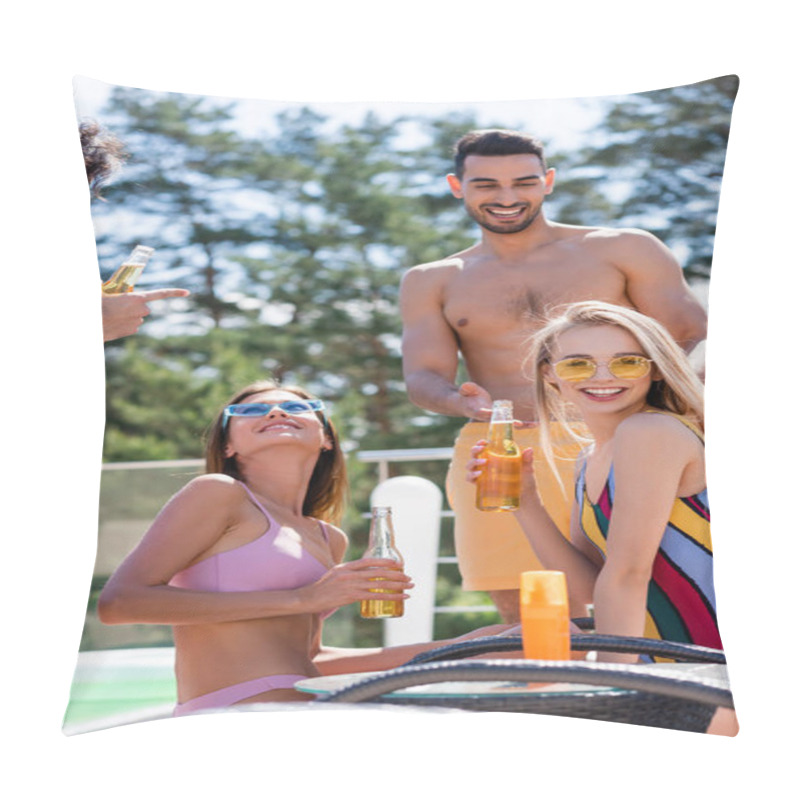 Personality  Smiling Woman In Swimsuit Holding Beer Near Multiethnic Friends And Sunscreen Outdoors  Pillow Covers