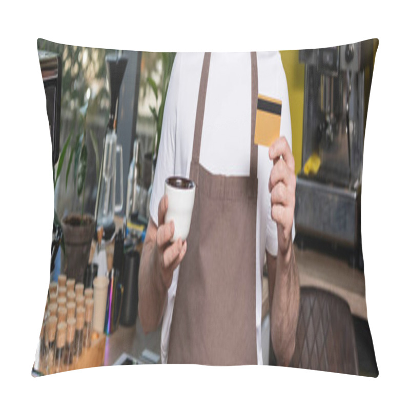 Personality  Cropped View Of Barista In Apron Holding Credit Card And Cup While Working In Coffee Shop, Banner Pillow Covers