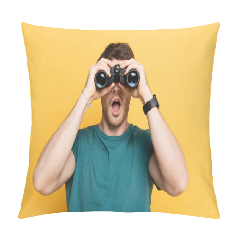 Personality  Young Shocked Man Looking Through Binoculars On Yellow Pillow Covers