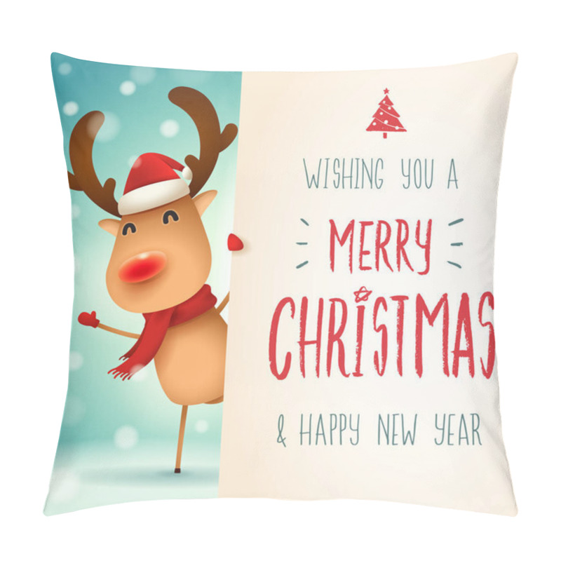 Personality  The Red-nosed Reindeer With Big Signboard. Merry Christmas Calligraphy Lettering Design. Creative Typography For Holiday Greeting. Pillow Covers