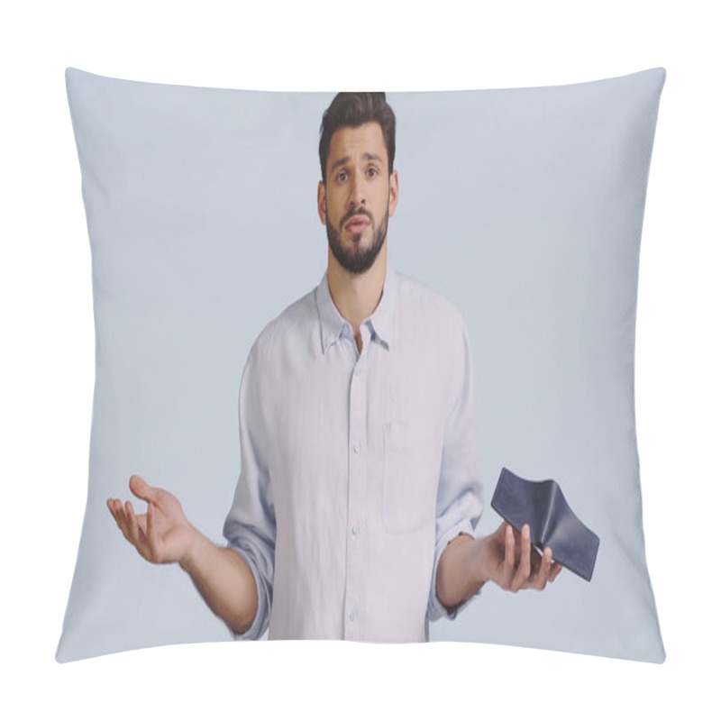 Personality  Sad Man Holding Empty Wallet Isolated On Blue  Pillow Covers