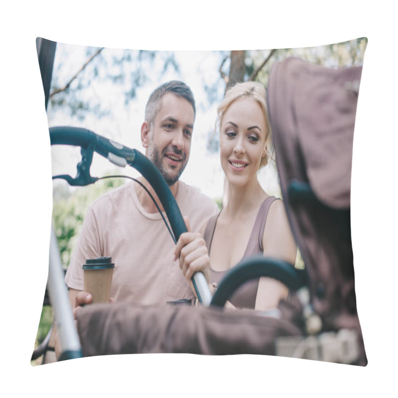 Personality  Smiling Parents Sitting On Bench Near Baby Carriage In Park And Holding Coffee In Paper Cup Pillow Covers