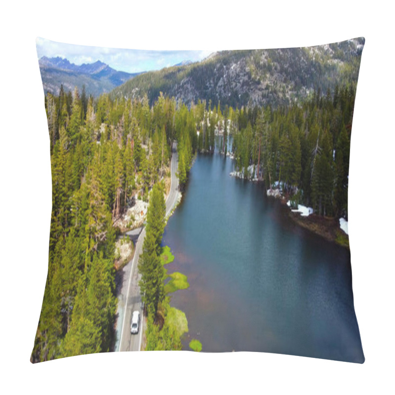 Personality  Mountain Road By Scenic Lake And Forest. Aerial View Of A Winding Mountain Road Alongside A Tranquil Lake Surrounded By Dense Pine Forest And Distant Snowy Peaks Under A Cloudy Sky Pillow Covers