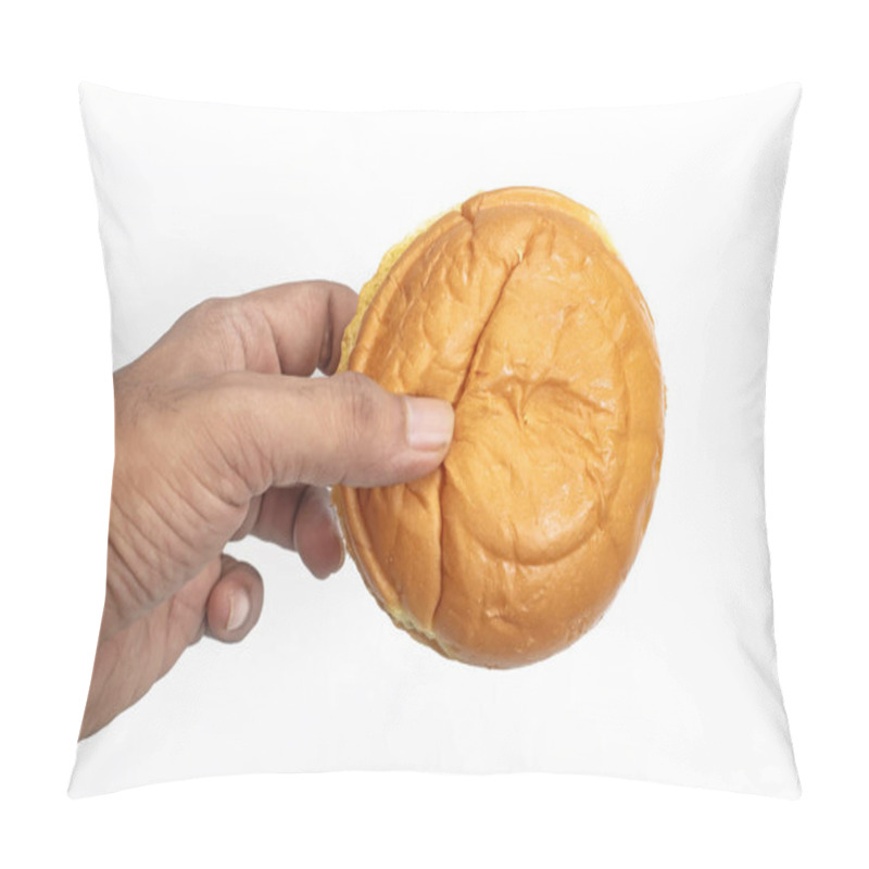 Personality  Closeup Of A Hand Holding A Freshly Baked Butter Bun, Set Against A Clean White Background. Perfect For Bakery Advertisements, Food Delivery Promotions. Pillow Covers