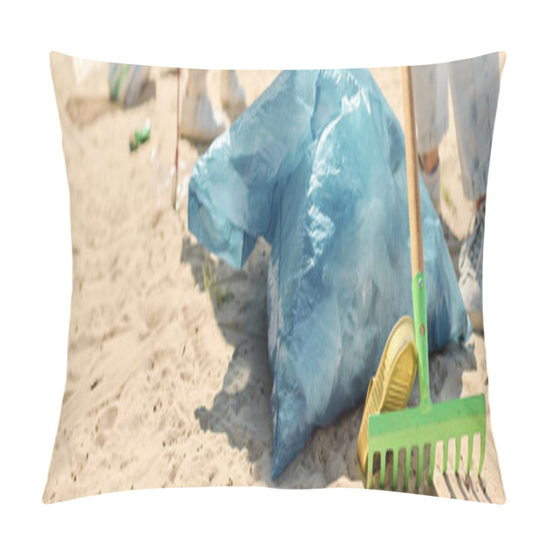 Personality  A Shovel And A Blue Bag Rest On A Sandy Beach, Symbolizing Environmental Efforts By A Socially Active Couple Cleaning The Coast. Pillow Covers