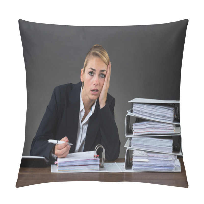 Personality  Stressed Businesswoman Working At Desk Pillow Covers