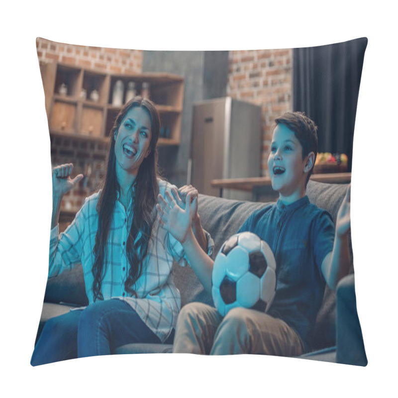 Personality  Excited Mother And Son Watching Soccer Pillow Covers