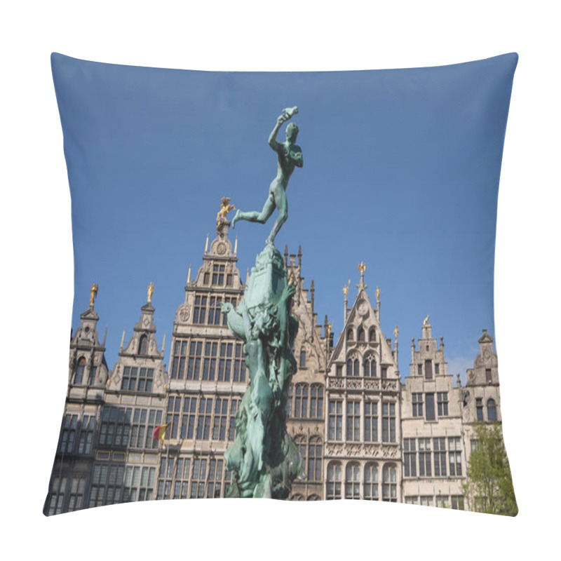 Personality  Antwerp , Belgium - April 9, 2024: Historic Center Of Antwerp: Brab Fountain And City Hall On A Sunny Day Pillow Covers