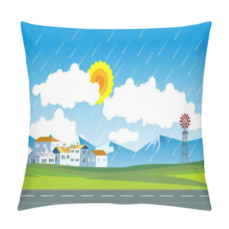 Personality  It's Raining Countryside Landscape, Vector Illustration Pillow Covers