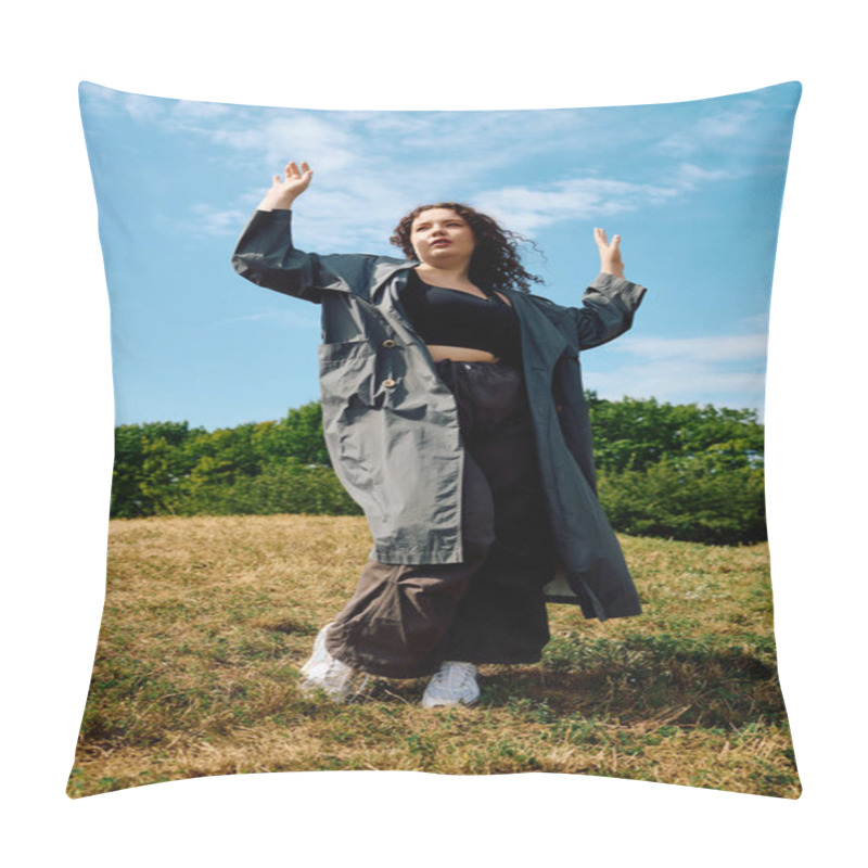 Personality  A Confident Woman Embraces Nature, Dancing With Joy In An Open Field Under Sunny Skies. Pillow Covers