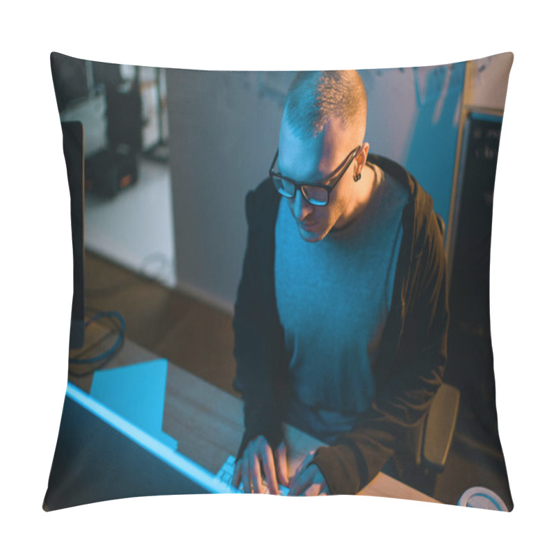 Personality  High Angle View Of Hacker Developing Malware In Dark Room Pillow Covers