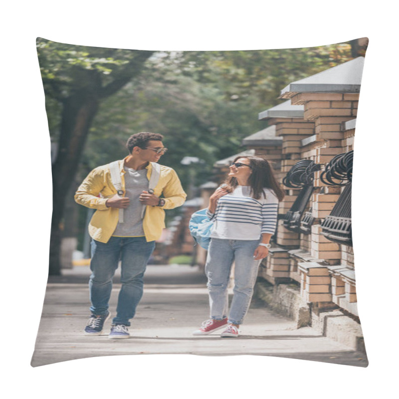 Personality  Bi-racial Man In Sunglasses Walking Near Woman With Backpack Pillow Covers