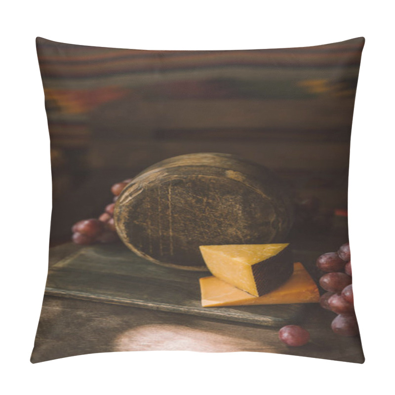 Personality  Close-up Shot Of Cheese Head On Cutting Board With Grapes Pillow Covers