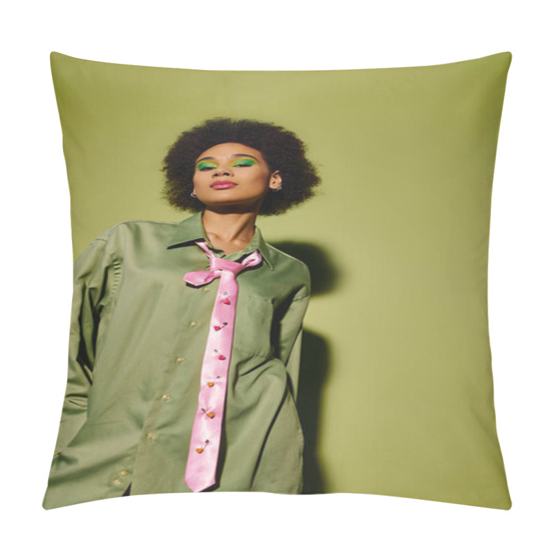 Personality  The Young Woman Showcases Her Emotions While Wearing A Stylish Outfit Against A Green Backdrop. Pillow Covers