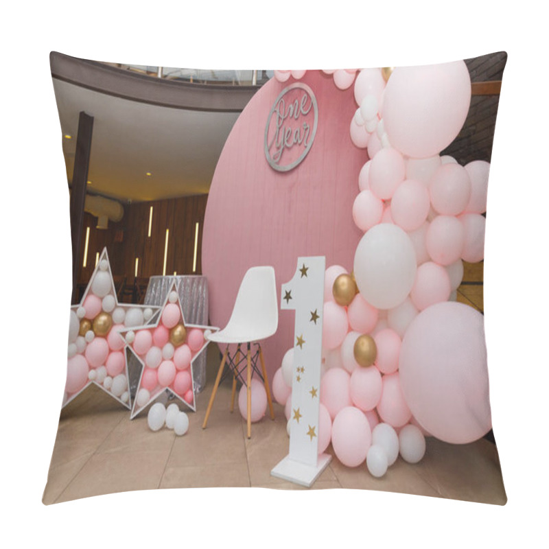 Personality  Beautiful Festive Decorations, Pink And Golden Balloons Arch, Wooden Stars, White Chair And Number One On Wooden Round Background. Little 1 Year Old Girl Birthday Party Photo Zone. Pillow Covers