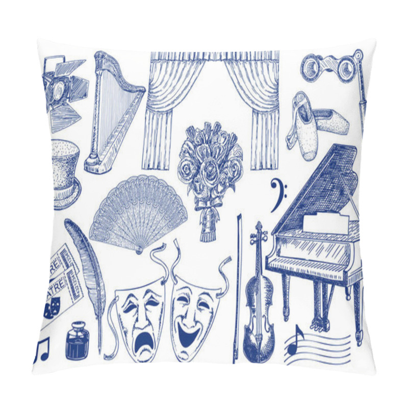 Personality  Theater Elements Sketch Big Set. Isolated. Sketchy Theater Icons. Theatre Acting Performance Elements. Ticket, Masks, Lyra, Flowers, Curtain Stage, Musical Notes, Pointe Shoes Pillow Covers