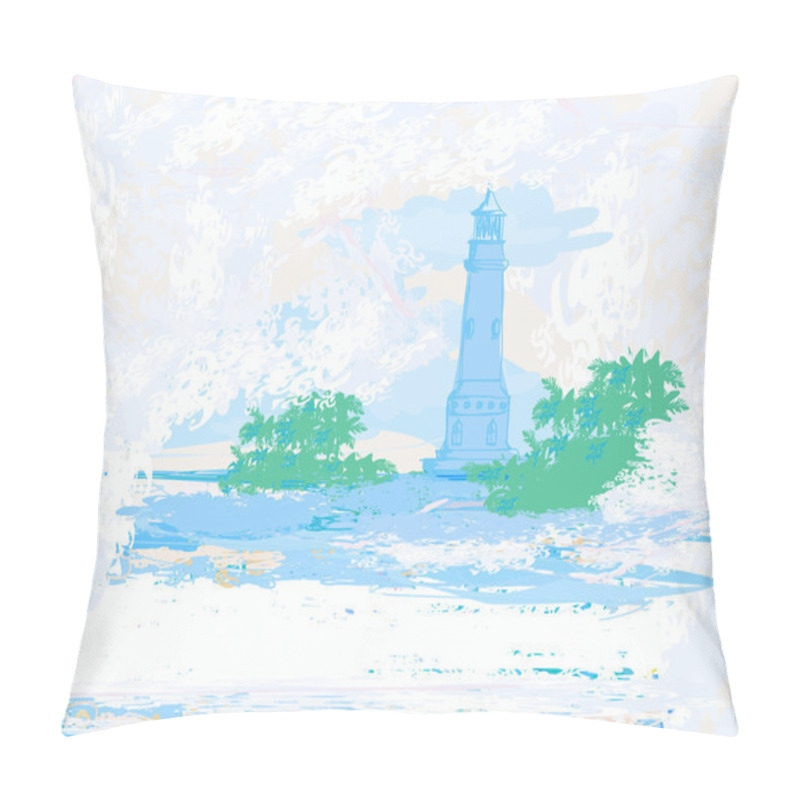 Personality  Lighthouse Seen From A Tiny Beach - Grunge Poster Pillow Covers