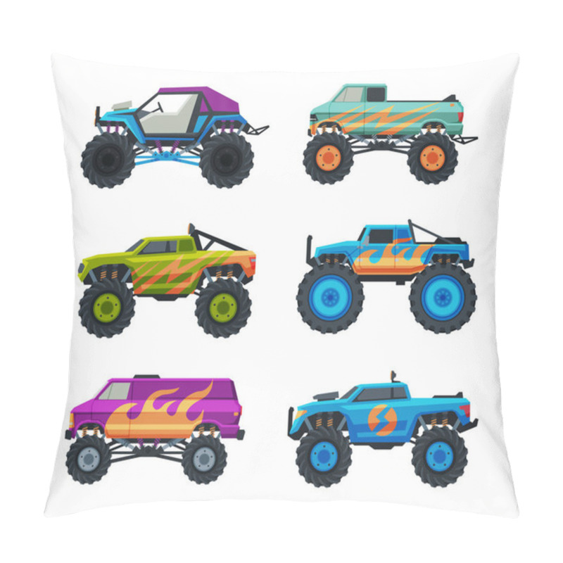 Personality  Monster Truck With Four-wheel Steering And Oversized Tires For Competition And Entertainment Vector Set. Modified Pickup Truck For Motocross And Mud Bogging Concept Pillow Covers