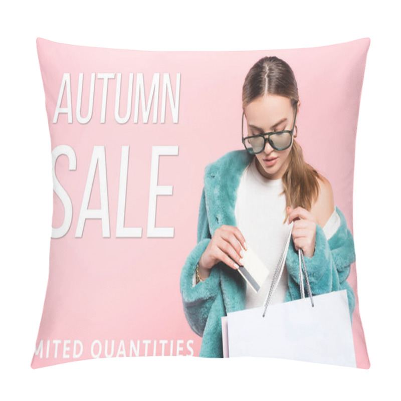 Personality  Trendy Woman In Sunglasses Holding Credit Card Near Shopping Bag And Autumn Sale Lettering On Pink Pillow Covers