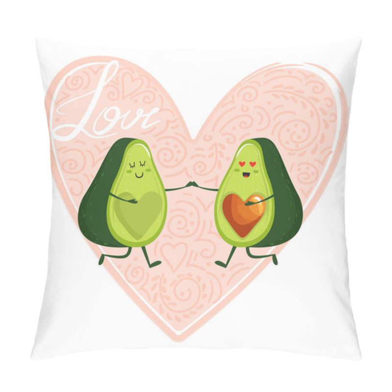 Personality  Cartoon Cute Avocado Couple Character With Heart And Trendy Lettering. Pillow Covers