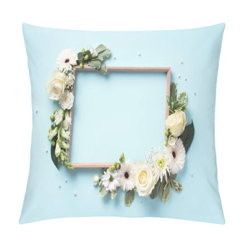 Personality  Floral Frame Of White Flowers, Green Leaves On Blue Paper Background. Flat Lay, Top View. Spring And Summer Concept Pillow Covers