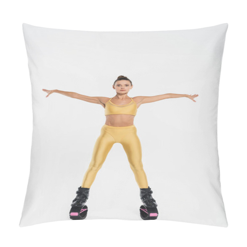 Personality  Woman In Fitness Clothing Wearing Kangoo Jumping Shoes, White Background,outstretched Hands  Pillow Covers