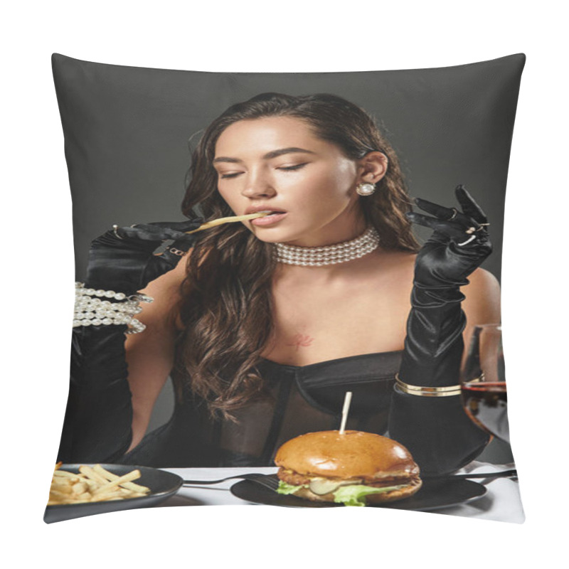 Personality  A Young Woman In Fine Attire Enjoys A Gourmet Burger With Elegance. Pillow Covers