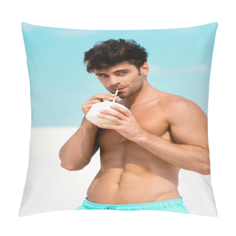 Personality  Sexy Man With Muscular Torso In Swim Shorts With Coconut Drink On Sandy Beach Pillow Covers