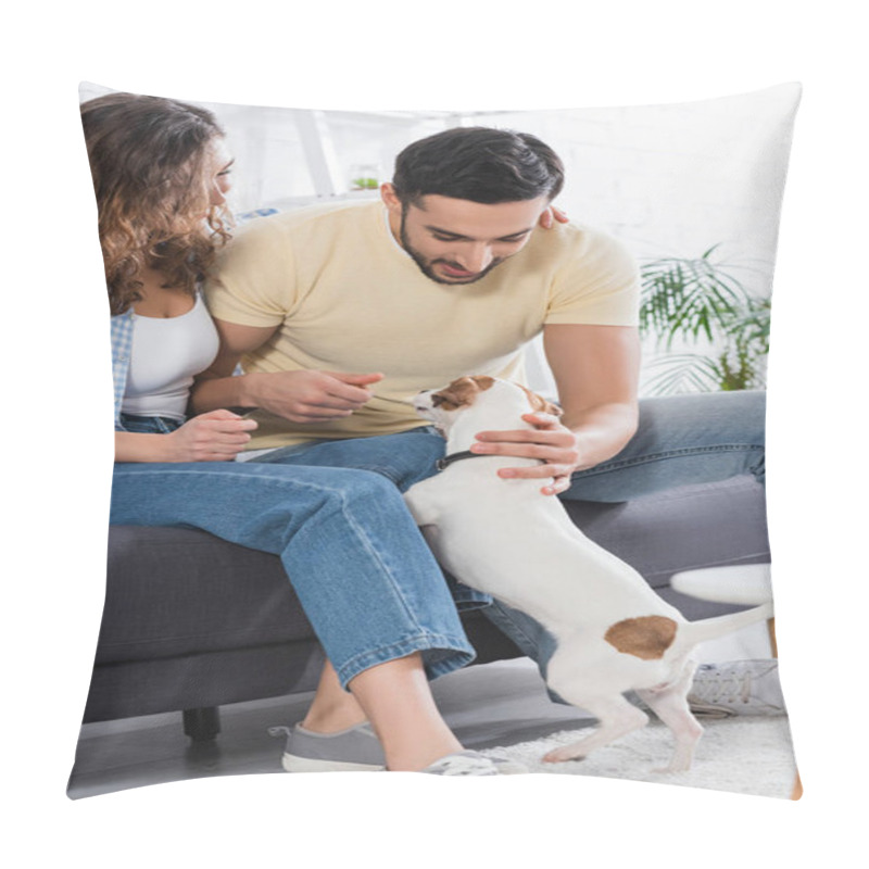 Personality  Muslim Man Smiling While Cuddling Jack Russell Dog Near Girlfriend  Pillow Covers