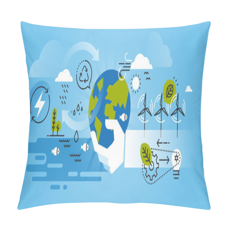 Personality  Flat Line Design Website Banner Of Environment, Renewable Energy, Green Technology, Biosphere Conservation. Pillow Covers