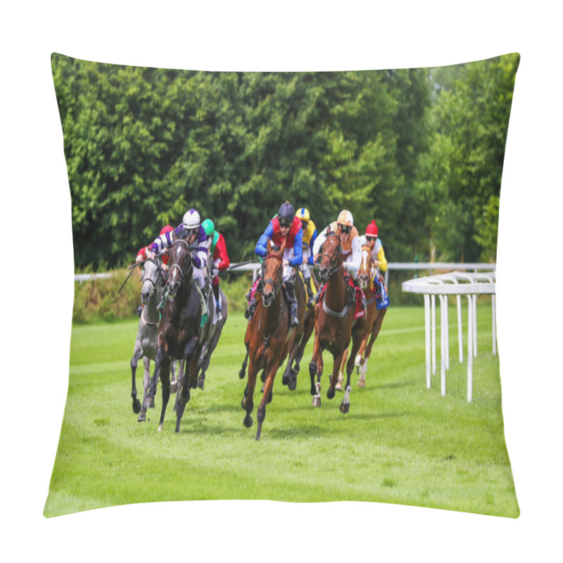 Personality  Munich, Germany - Oct 07, 2019: Horse Racing At The Racecourse In Munich-Riem, Germany, Europe Pillow Covers