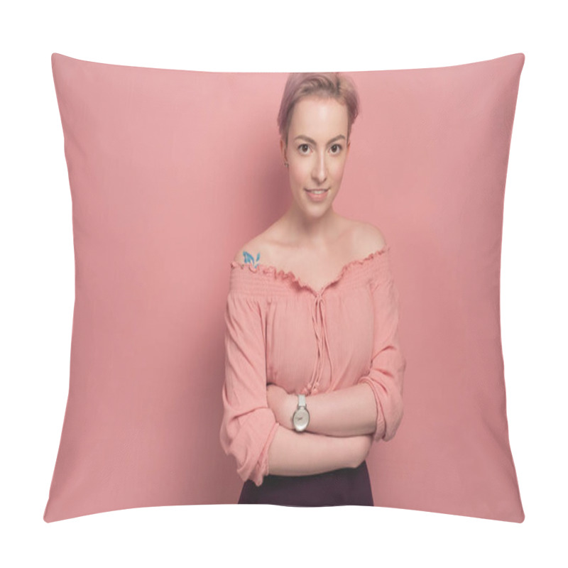 Personality  Pink-haired Young Woman Smiles At The Camera Crossing Her Hands, Pink Background Pillow Covers