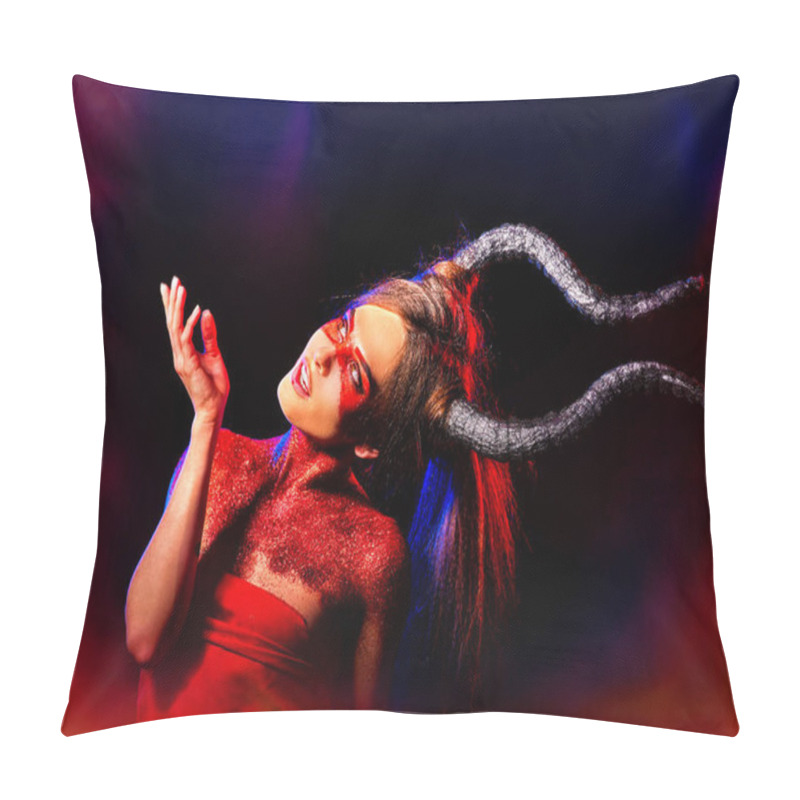 Personality  Halloween Monster Woman With Horns And Fire Flame. Pillow Covers