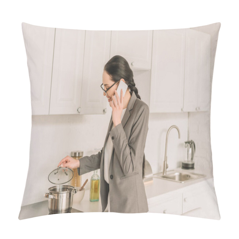 Personality  Smiling Businesswoman In Blazer Over Pajamas Cooking And Talking On Smartphone In Kitchen Pillow Covers