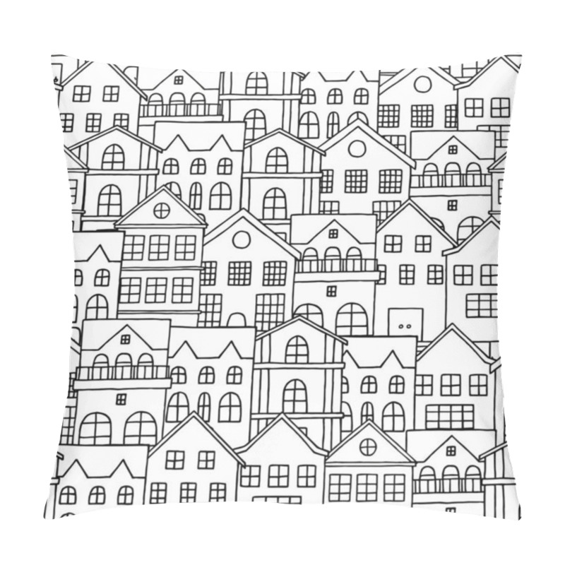 Personality  City Seamless Pattern With Hand Drawn Houses. Black And White Vector Illustration. Pillow Covers