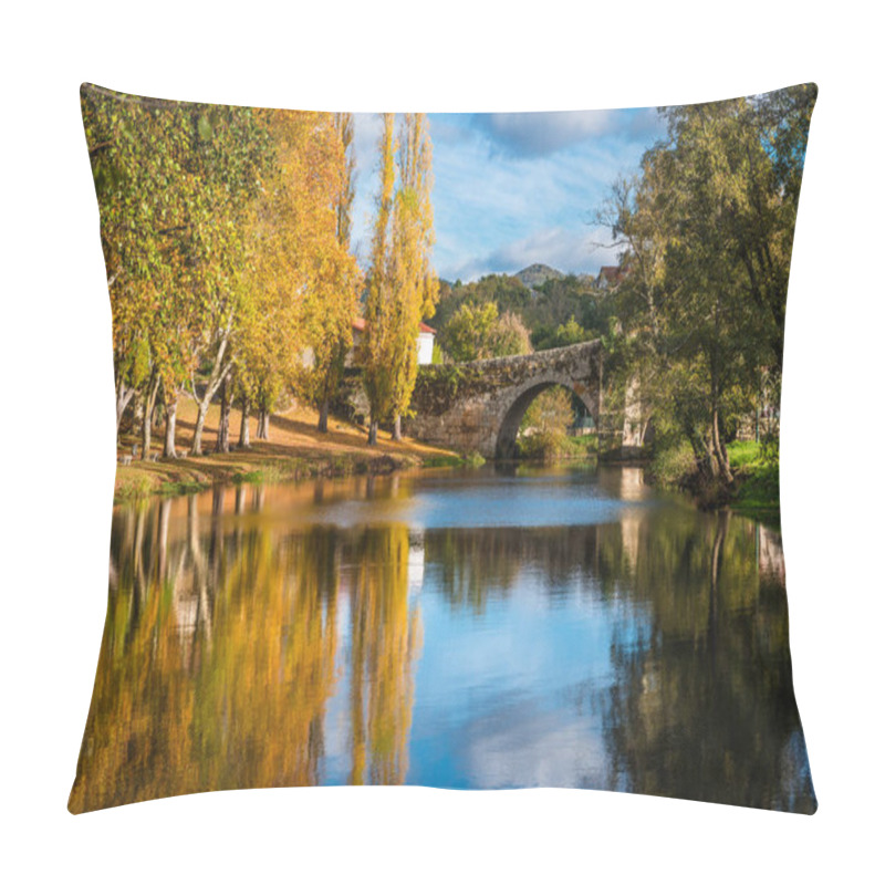 Personality  Fall Foliage And Medieval Roman Bridge Reflected On The Water In The Galician Village Of Allariz, Ourense. Pillow Covers