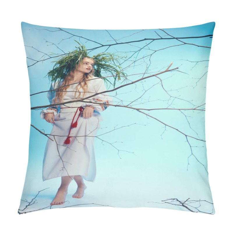 Personality  Young Mavka In Ornate White Dress Delicately Balances A Plant On Her Head In A Whimsical Studio Setting. Pillow Covers